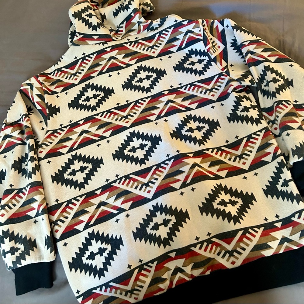 Men's Patterned Hoodie Sweater - Black, Red, Cream - Picture 8 of 9